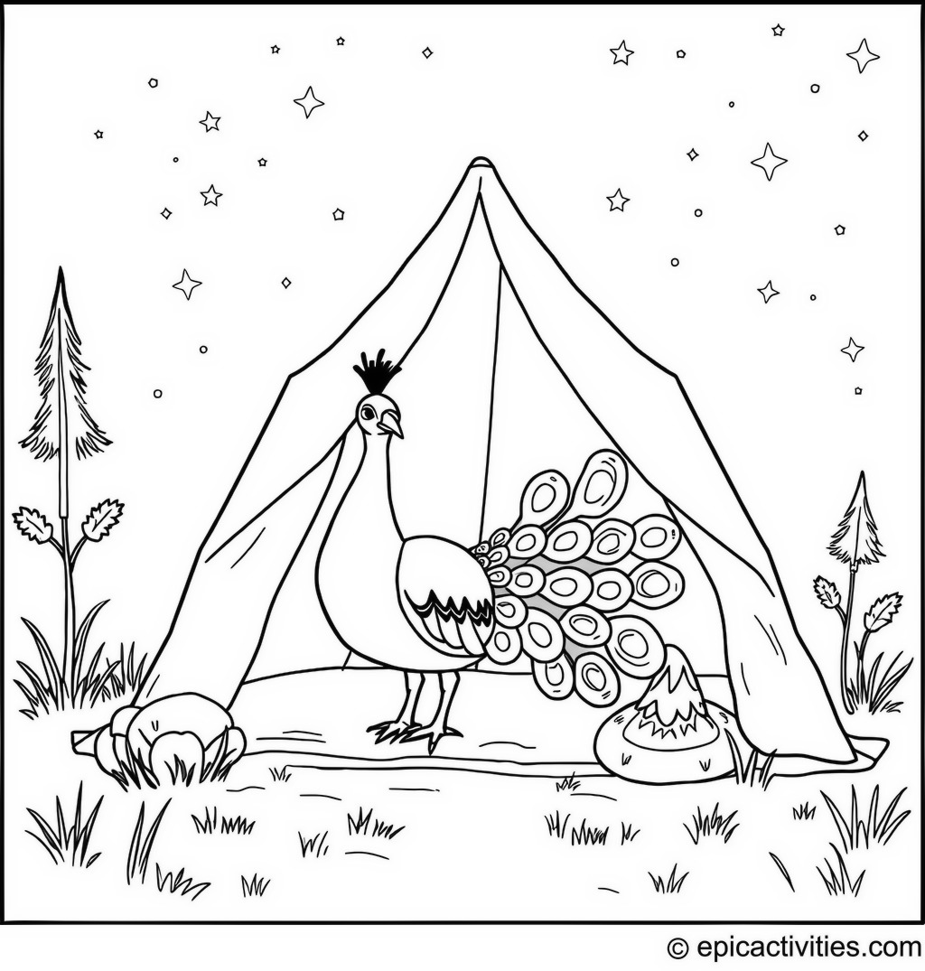 Coloring page of a Cute Peacock Camping in a Tent Under the Stars