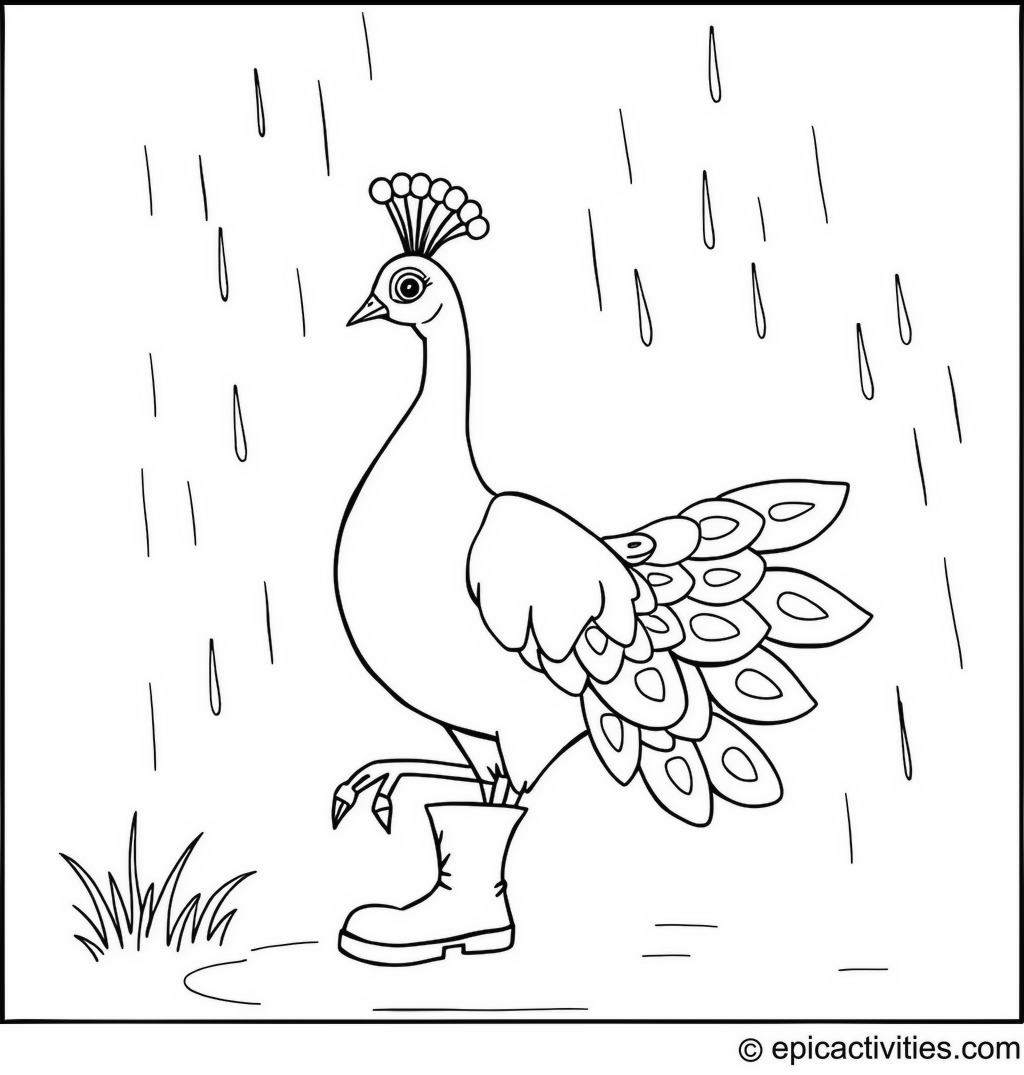 Coloring page of a Cute Peacock Dancing in the Rain with Rain Boots On