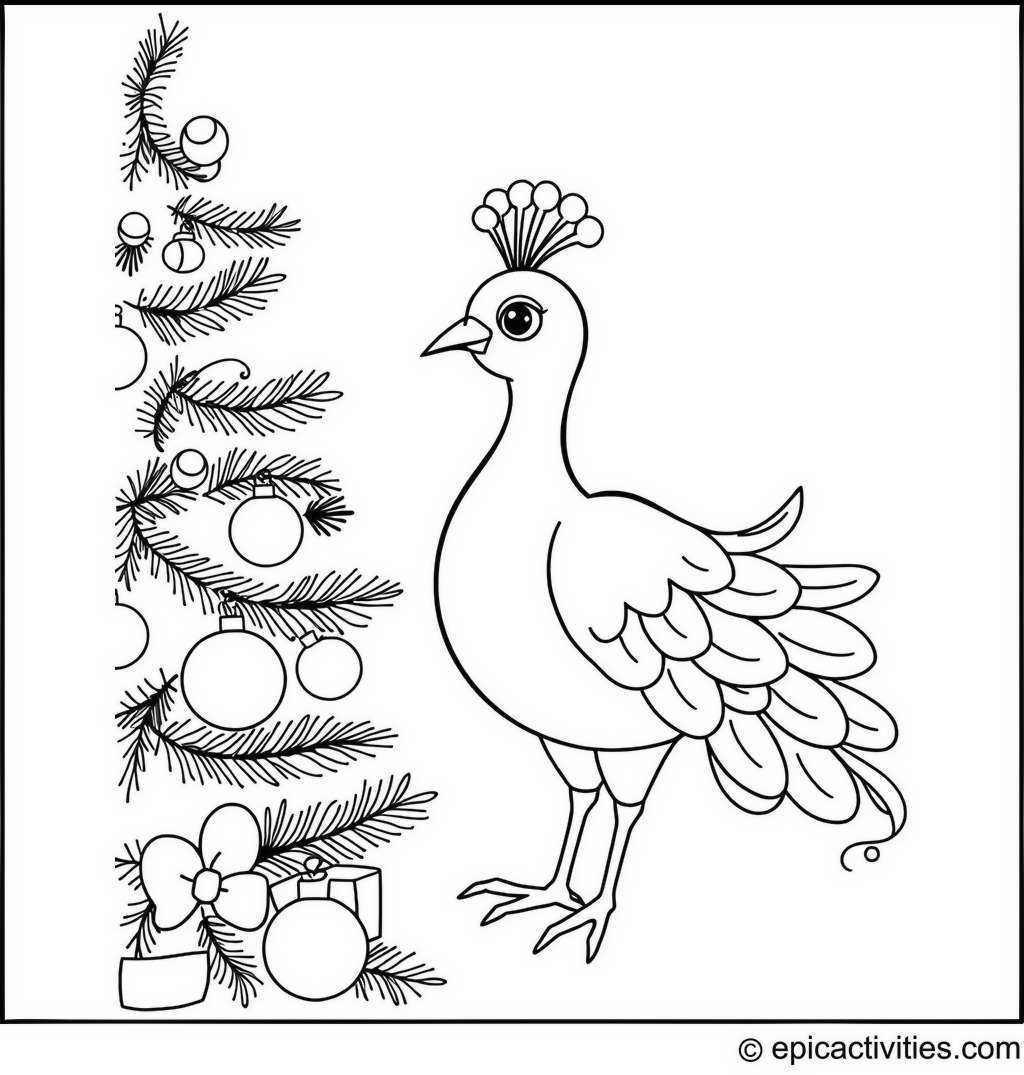 Coloring page of a cute peacock decorating a Christmas tree