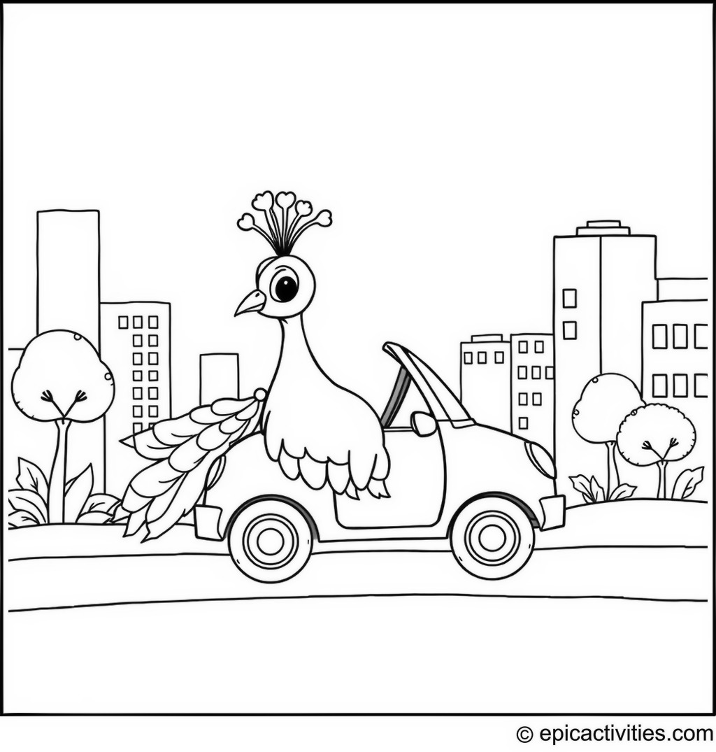 Coloring page of a Cute Peacock Driving a Tiny Car in a Cartoon Cityscape