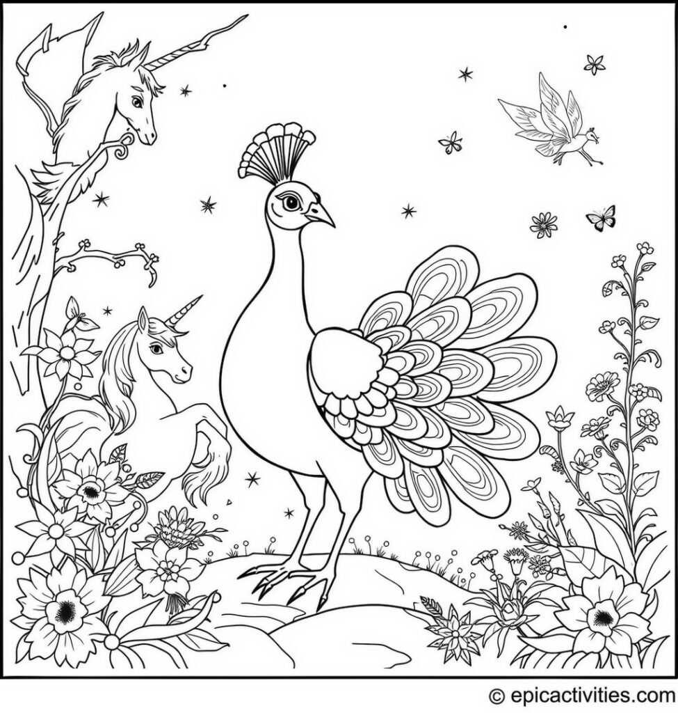 Coloring page of a cute peacock embarking on a magical adventure with unicorns and fairies