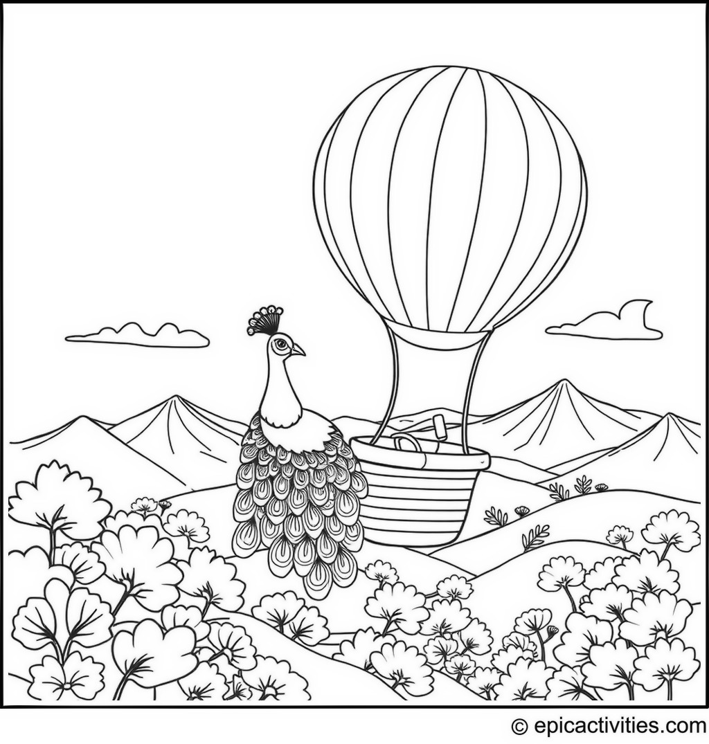 Coloring page of a cute peacock enjoying a hot air balloon ride