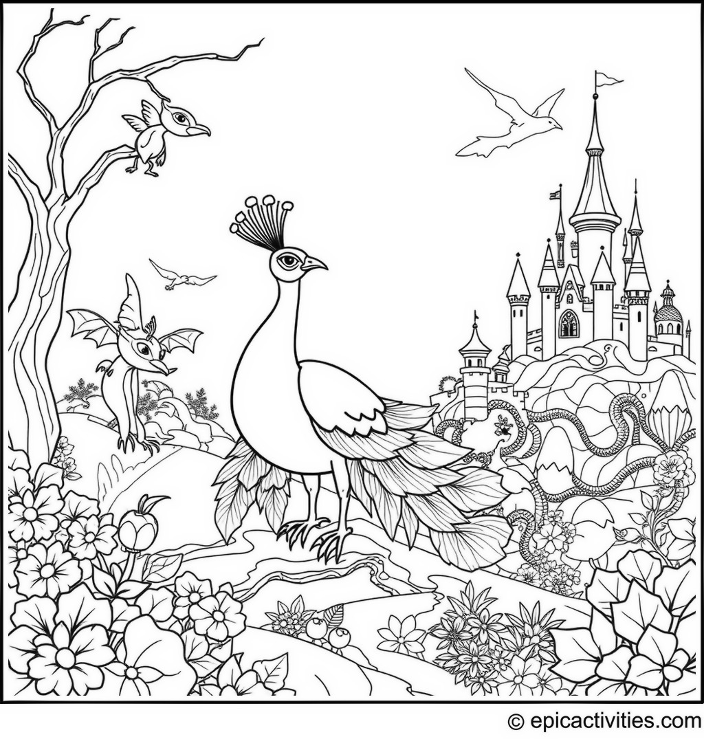 Coloring page of a cute peacock exploring a magical world with dragons and castles