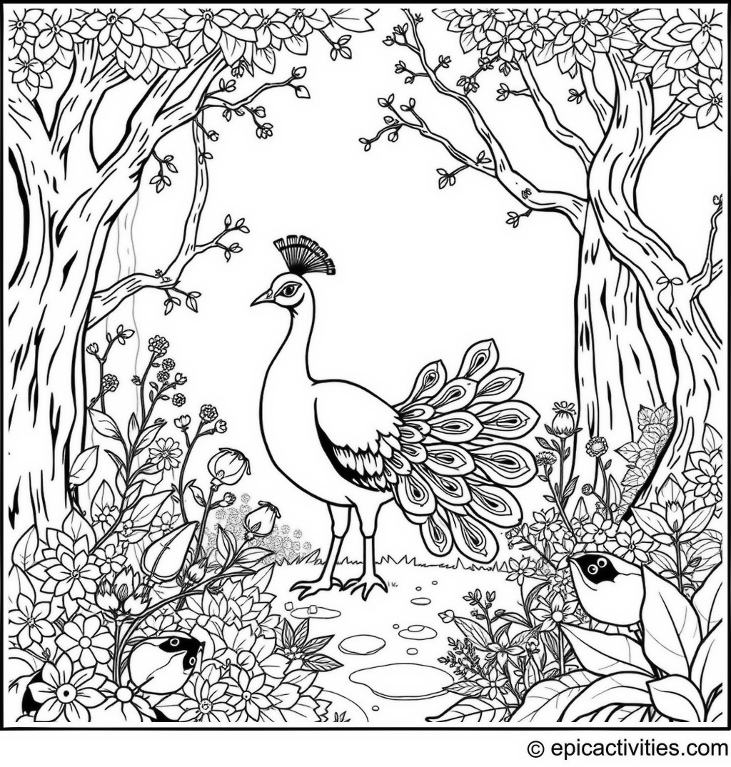 Coloring page of a Cute Peacock Exploring a Magical Forest