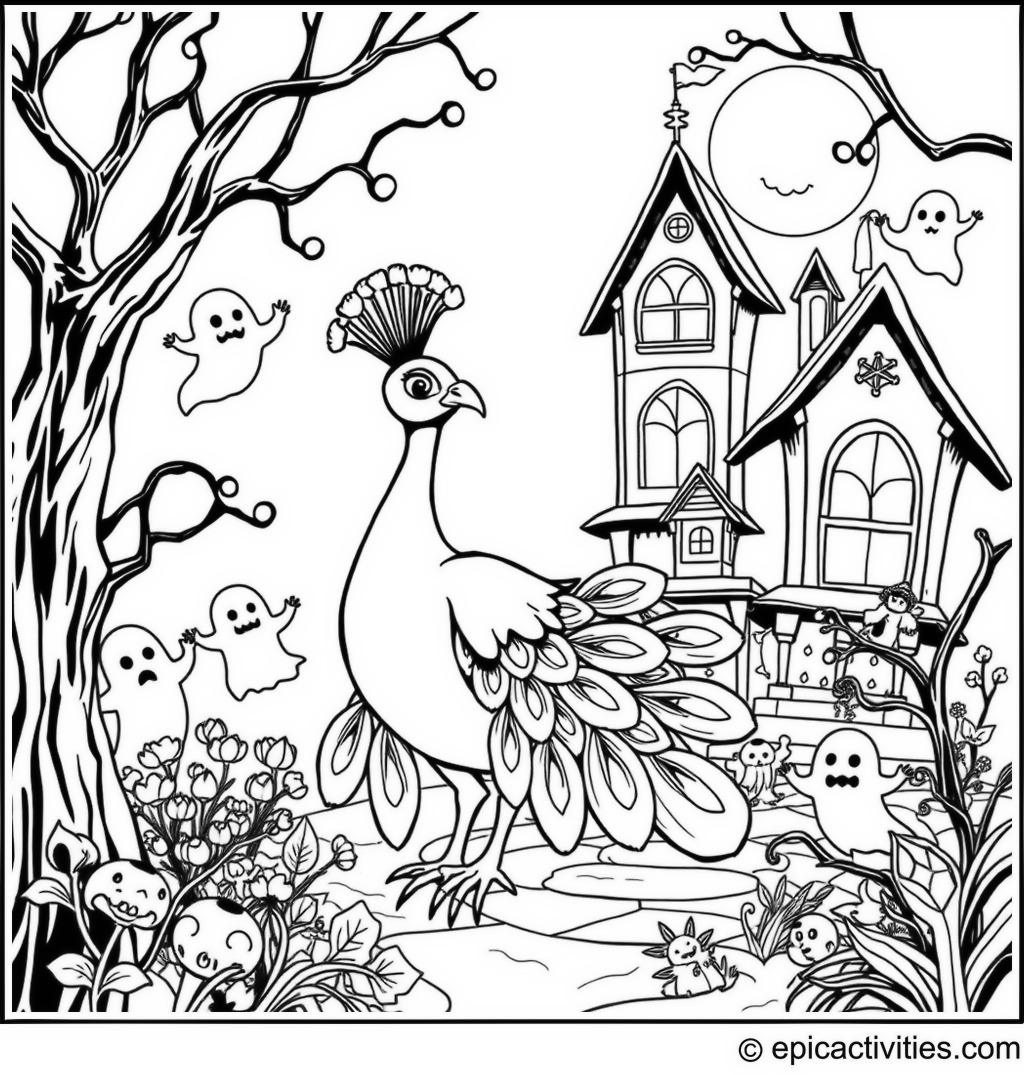 Coloring page of a cute peacock exploring a spooky haunted house with ghosts and cobwebs