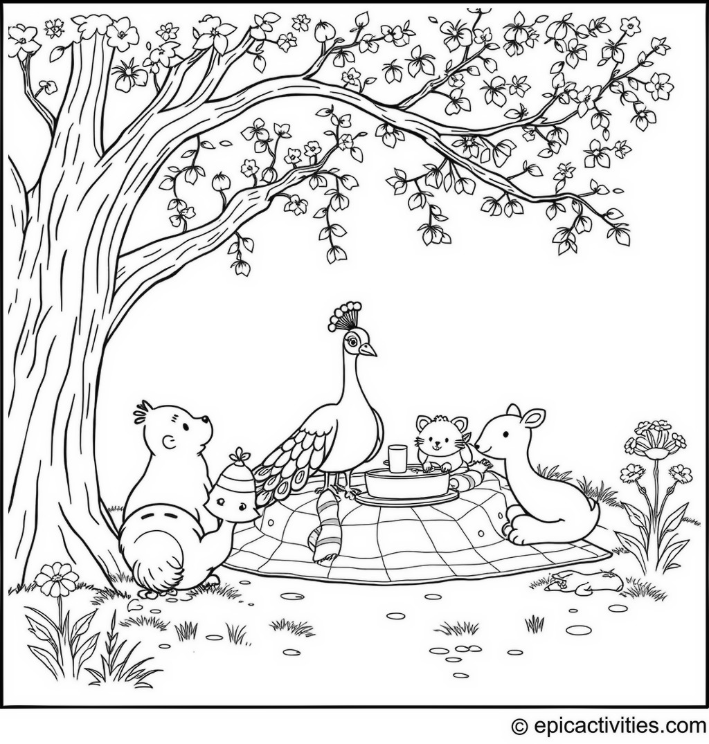 Coloring page of a cute peacock having a picnic with animal friends under a big tree
