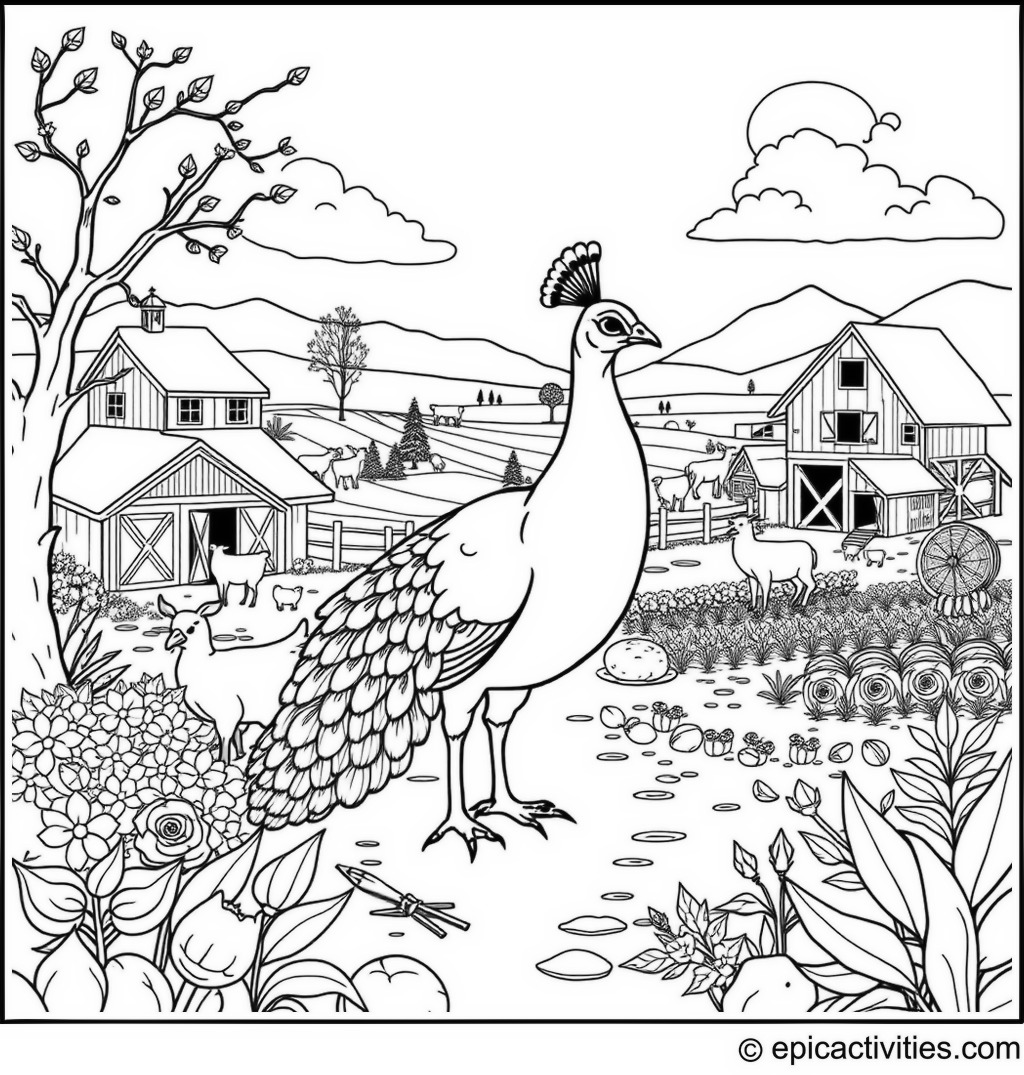 Coloring page of a Cute Peacock in a Detailed Farmyard