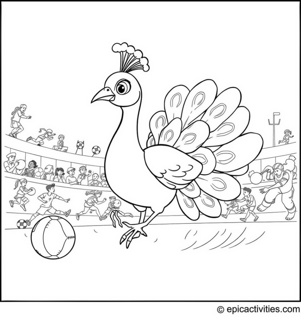Coloring page of a Cute Peacock in a Fun Sports Competition