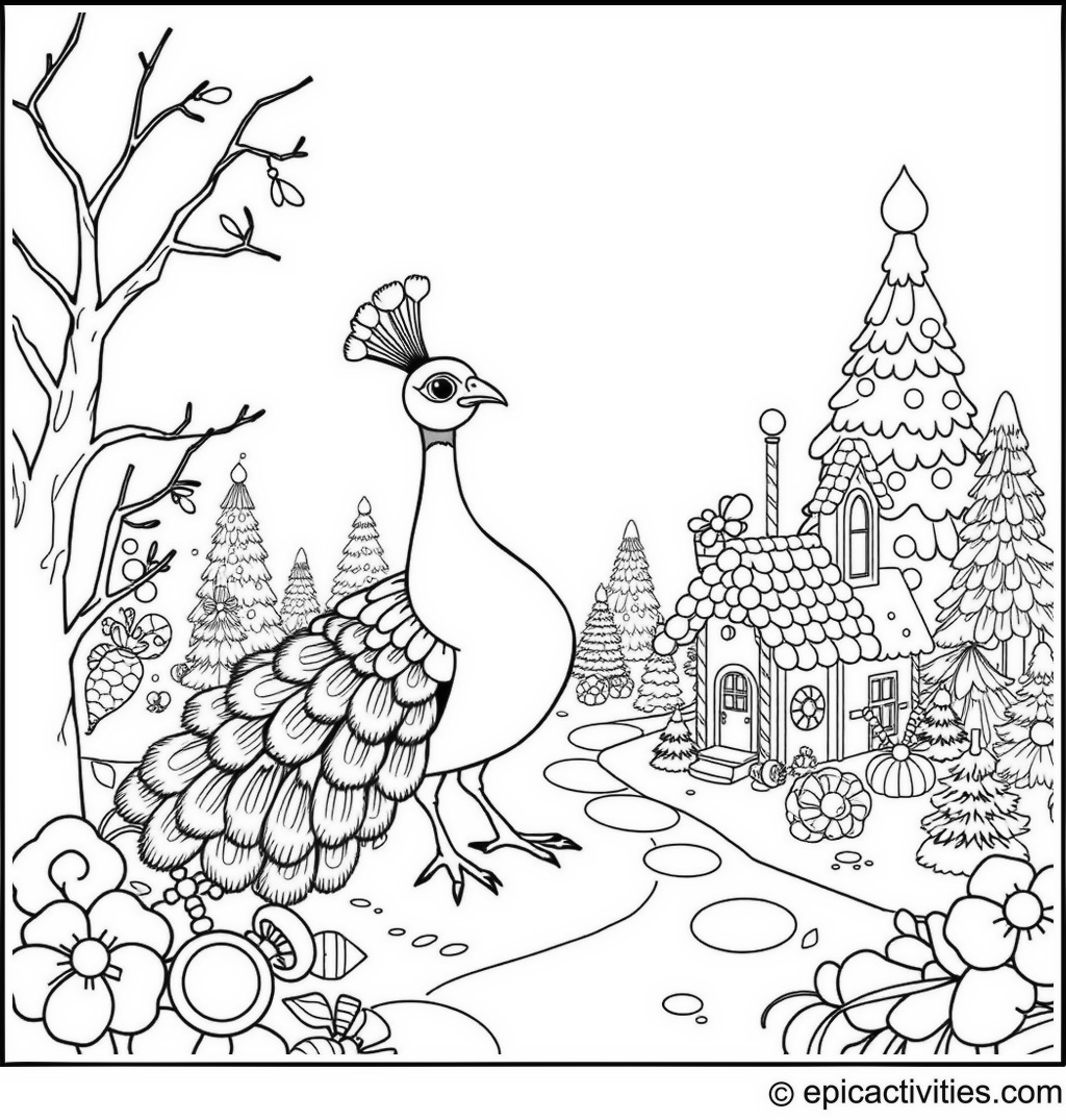 Coloring page of a Cute Peacock in Candy Land with Gingerbread Houses and Candy Trees