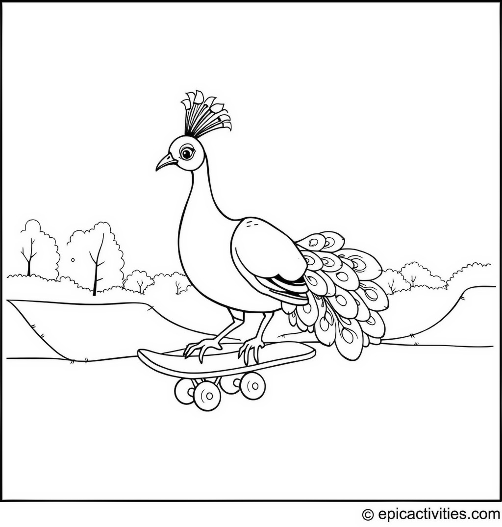 Coloring page of a cute peacock learning to skateboard in a simple skate park