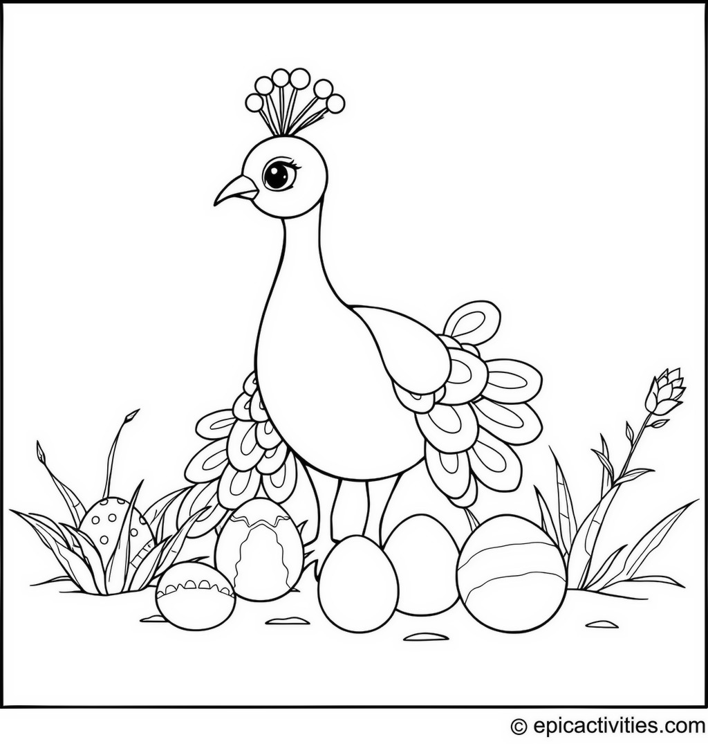 Coloring page of a cute peacock painting eggs for Easter celebration