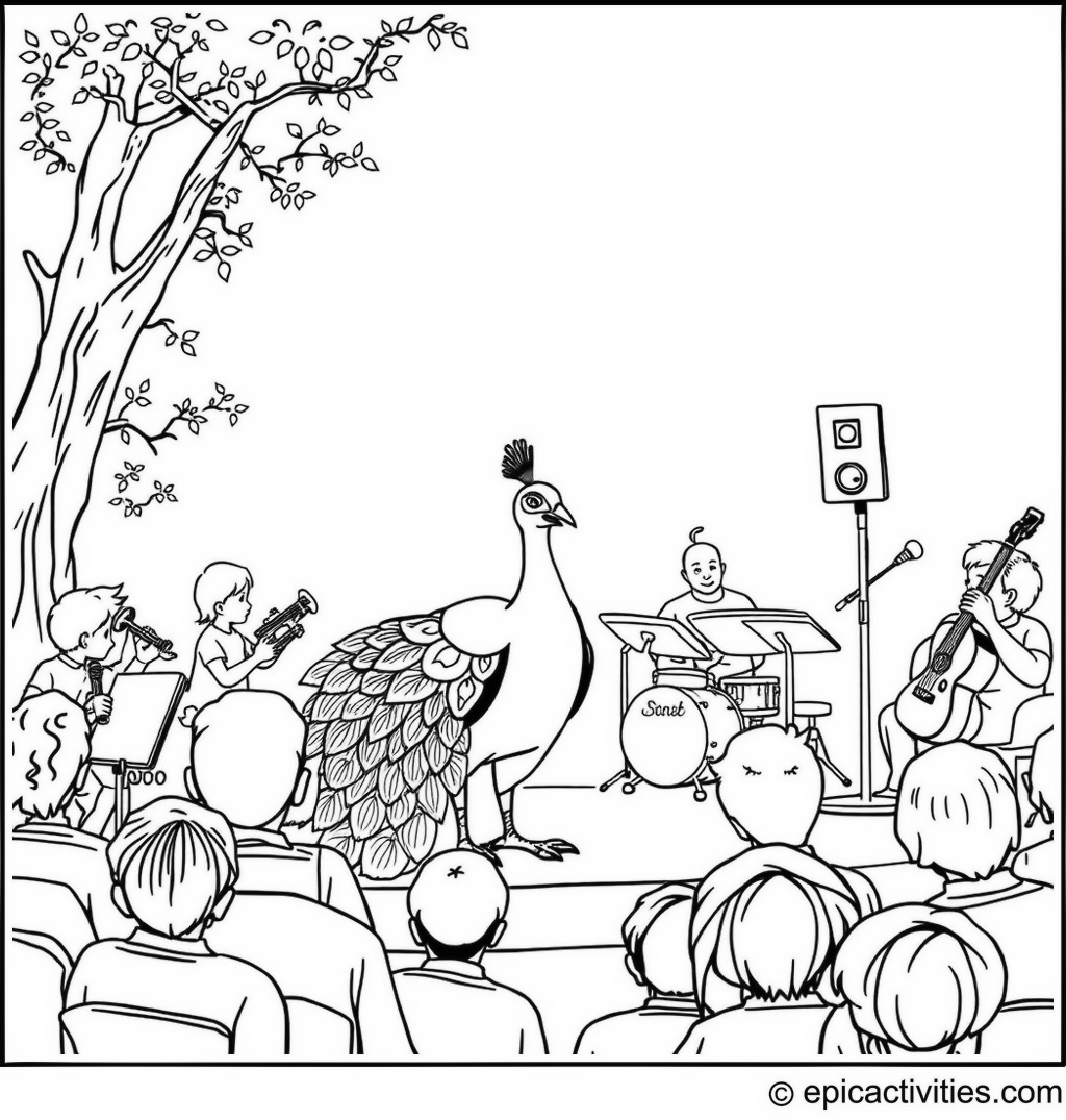 Coloring page of a Cute Peacock Performing at an Outdoor Concert