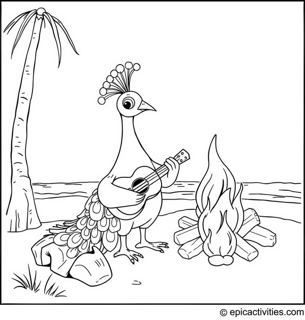 Coloring page of a cute peacock playing a ukulele at a beach bonfire