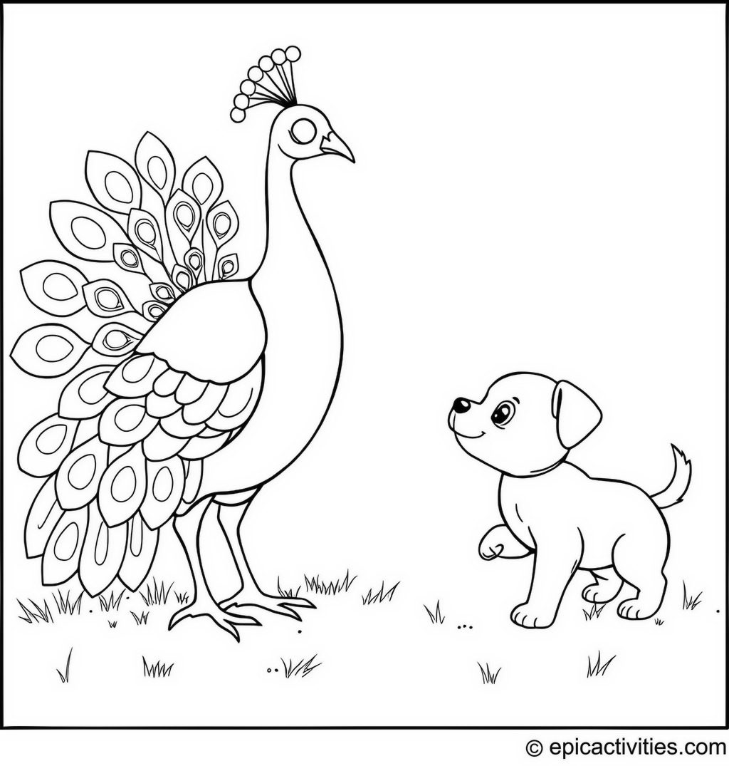 Coloring page of a cute peacock playing fetch with a puppy
