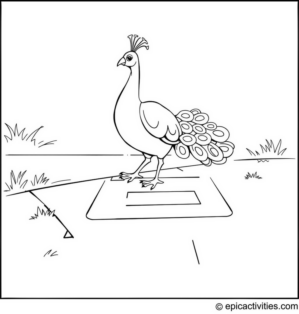 Coloring page of a cute peacock playing hopscotch on a simple sidewalk