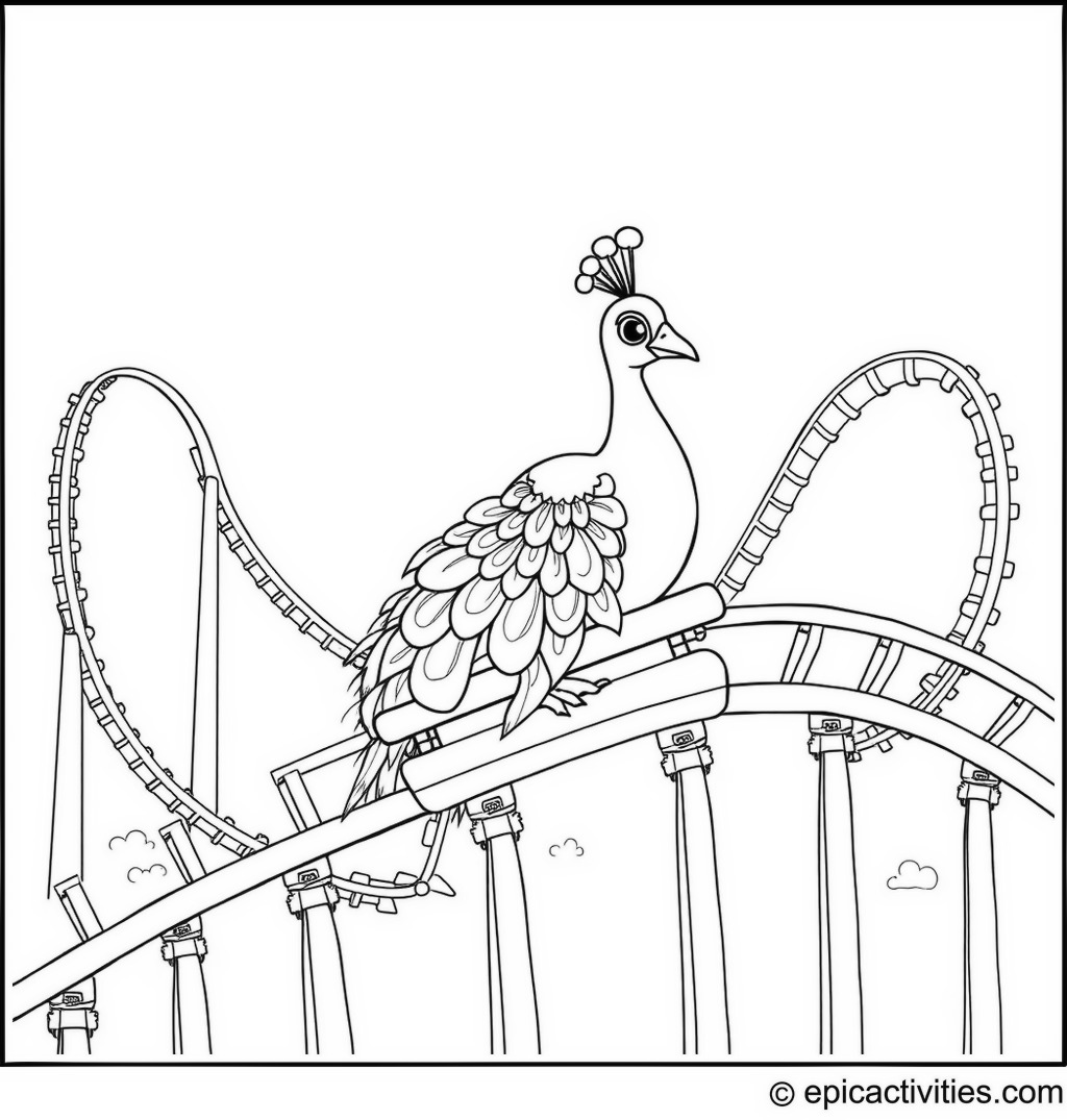 Coloring page of a Cute Peacock Riding a Rollercoaster