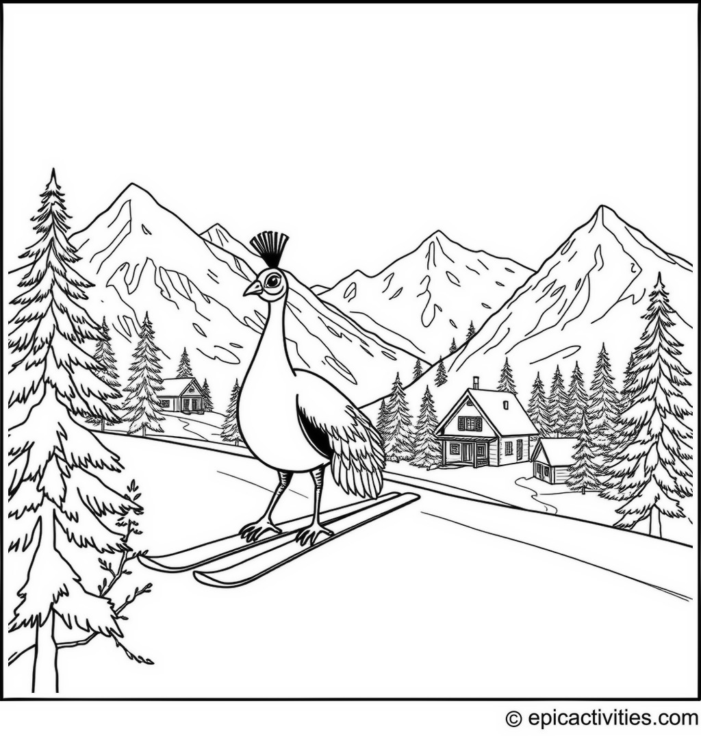 Coloring page of a Cute Peacock Skiing Down Snowy Mountains