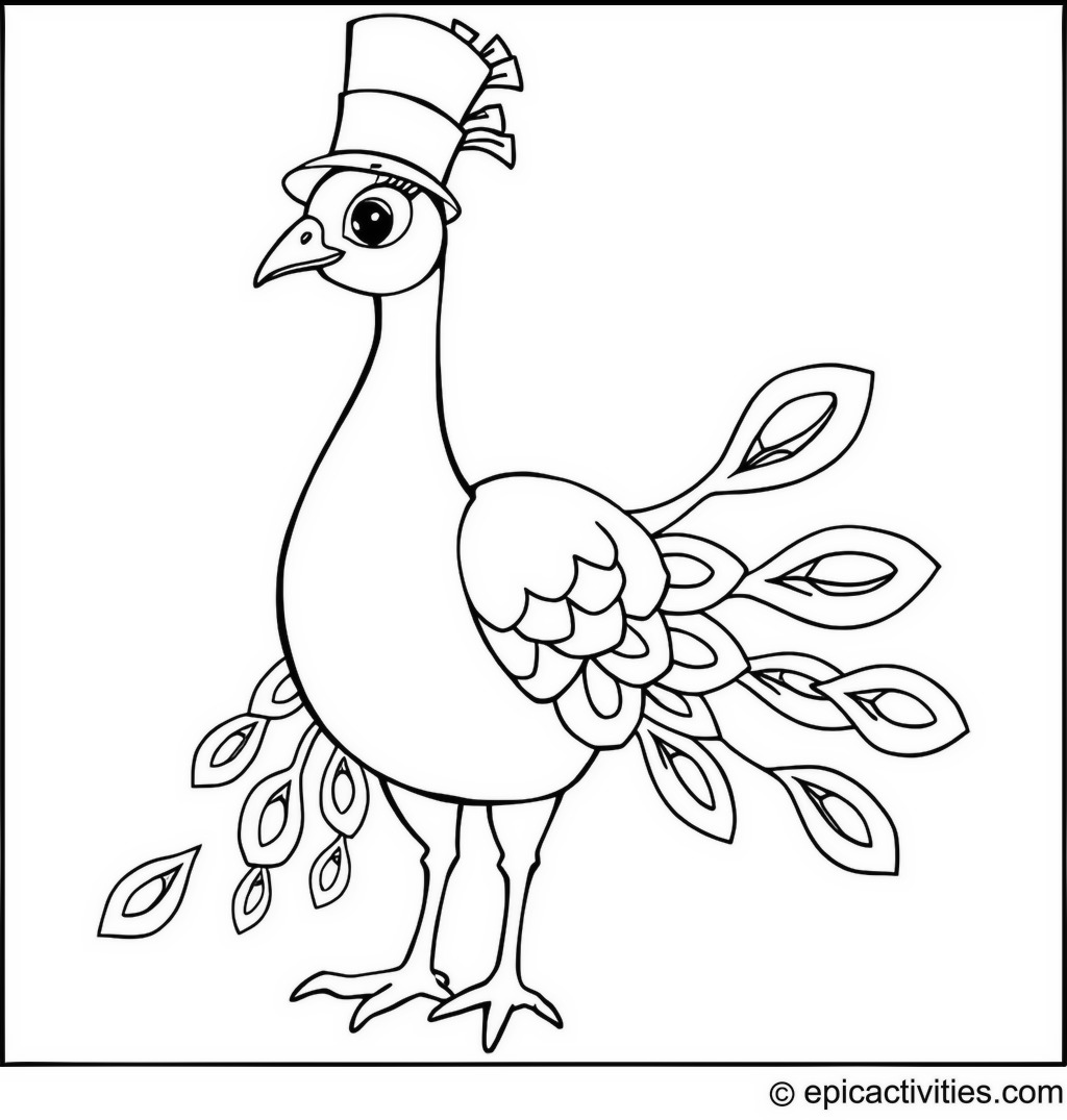 Coloring page of a cute peacock wearing a tiny magician’s hat and performing tricks