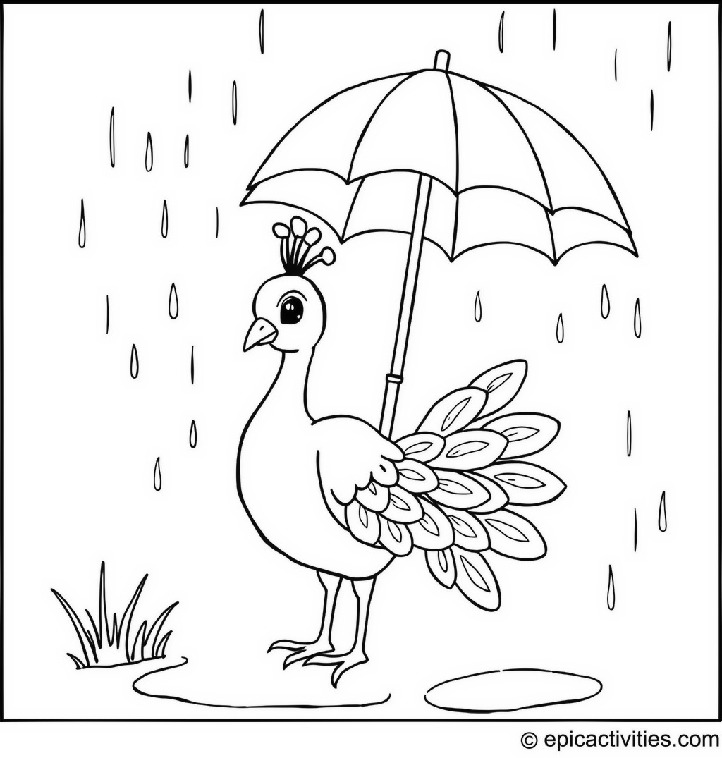 Coloring page of a cute peacock with an umbrella in the rain