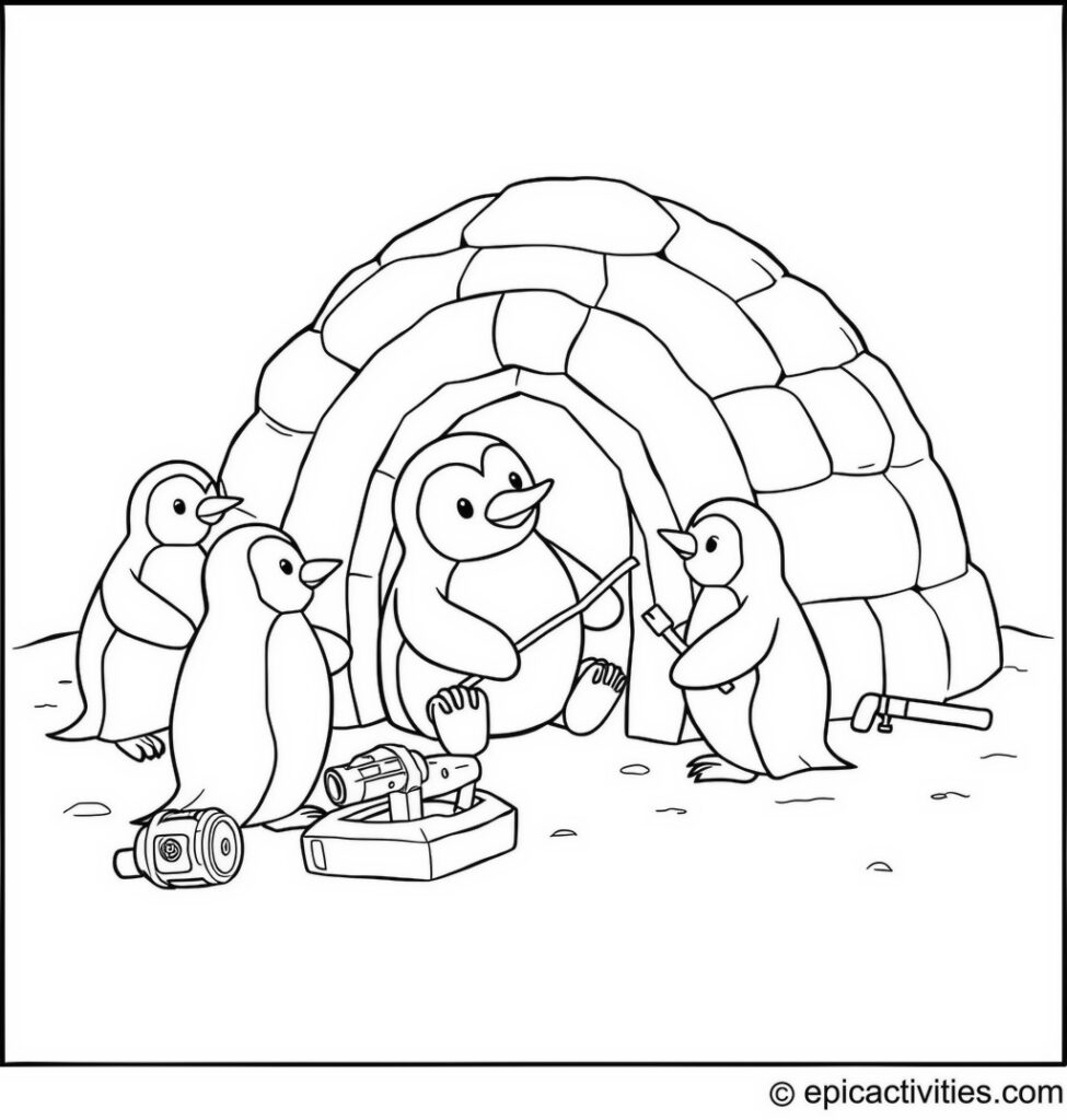 Coloring page of a Cute Penguin Building an Igloo with Friends