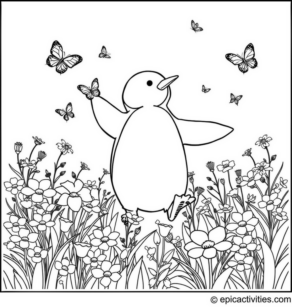 Coloring page of a cute penguin dancing with butterflies in a flower field