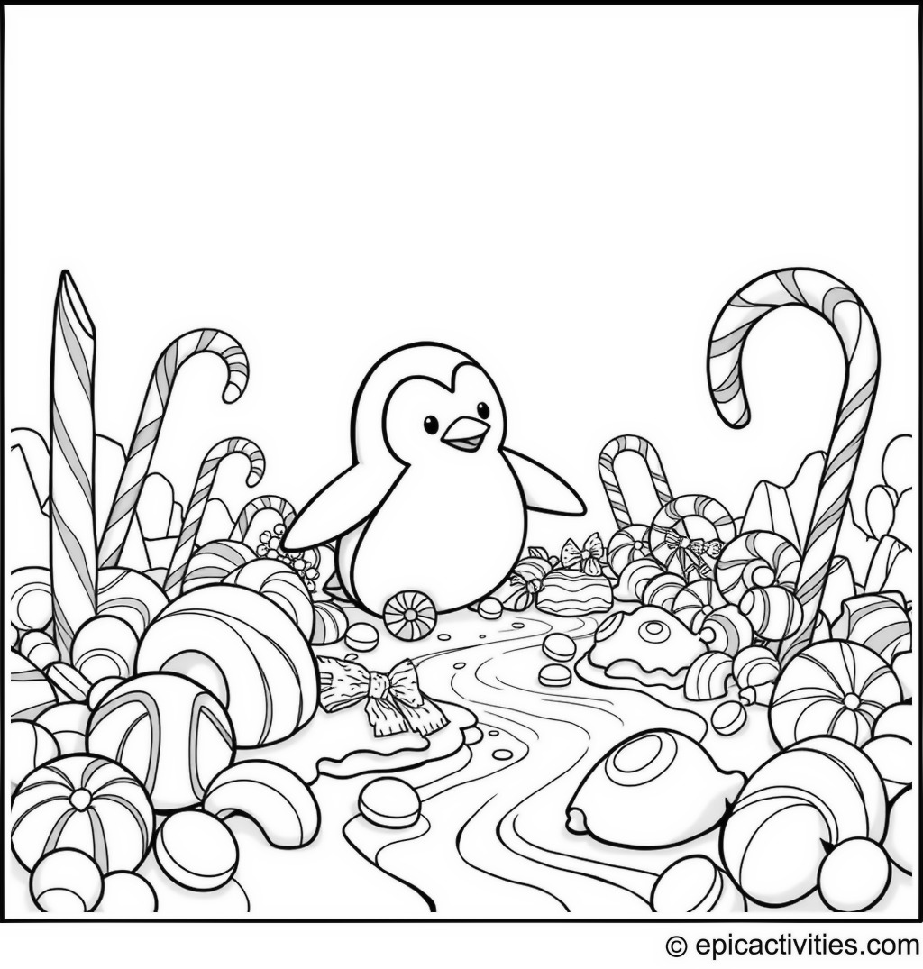 Coloring page of a cute penguin exploring a candy land