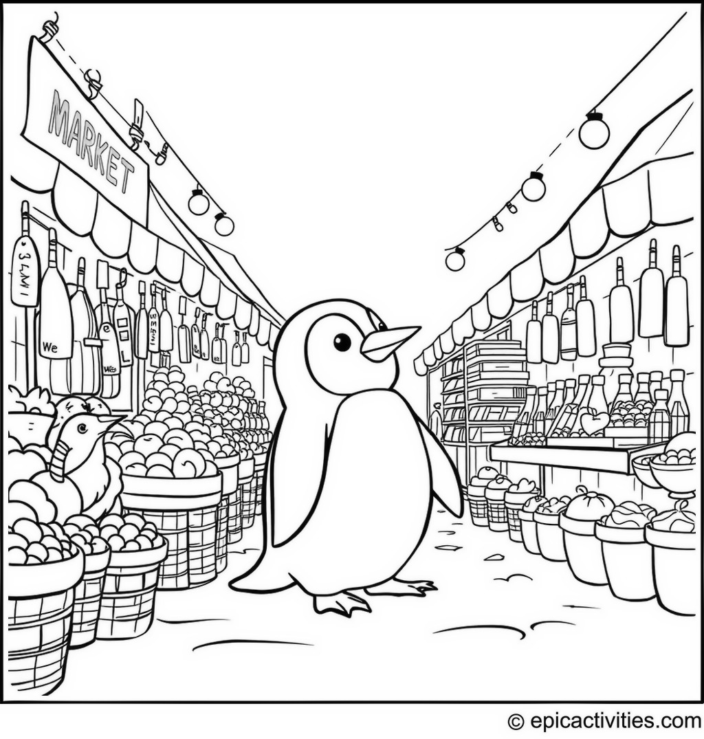 Coloring page of a Cute Penguin Exploring a Vibrant Market