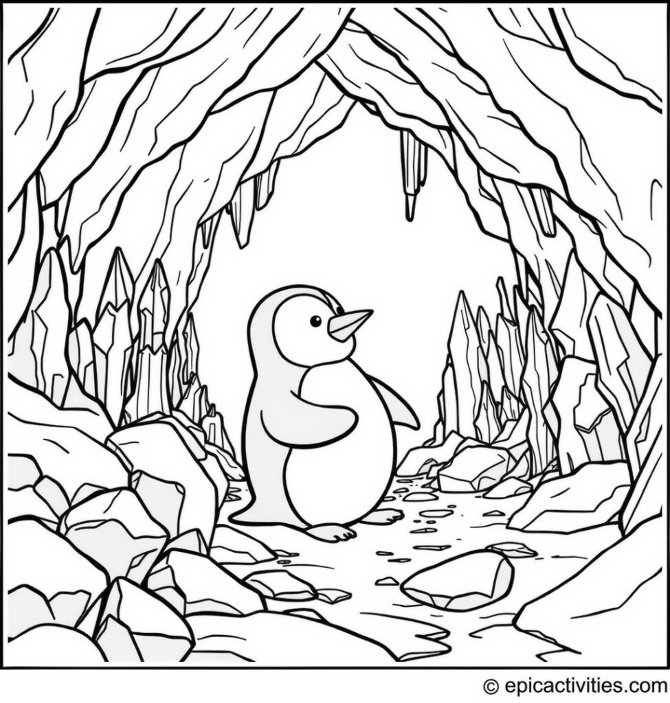 Coloring page of a Cute Penguin Exploring Ancient Ice Caves with Crystals and Stalagmites
