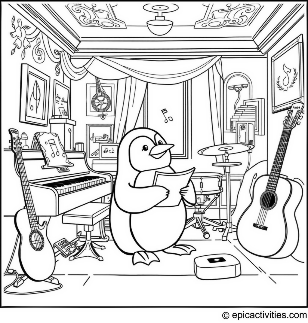 Coloring page of a cute penguin exploring instruments in a music room