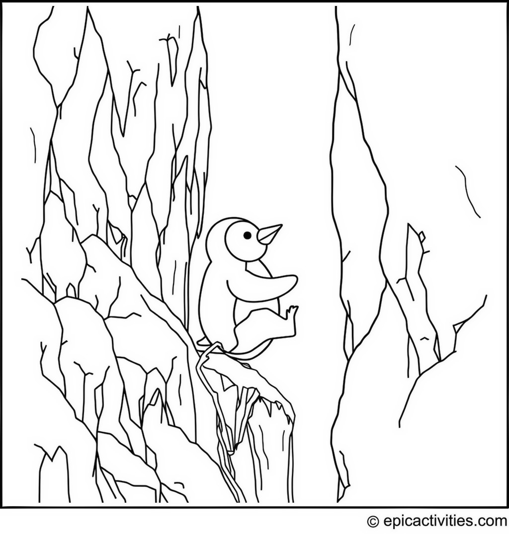 Coloring page of a Cute Penguin Ice Climbing a Frozen Waterfall