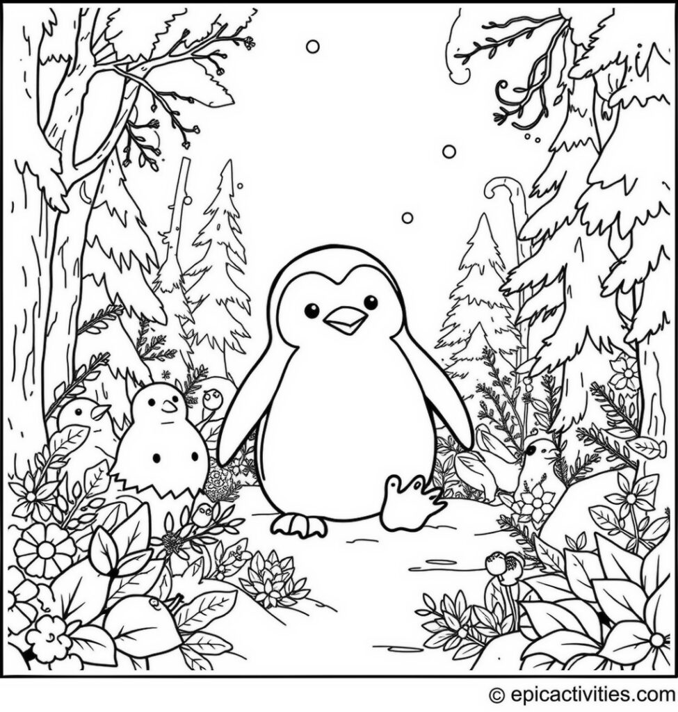 Coloring page of a cute penguin in a snowy forest with woodland creatures and flora