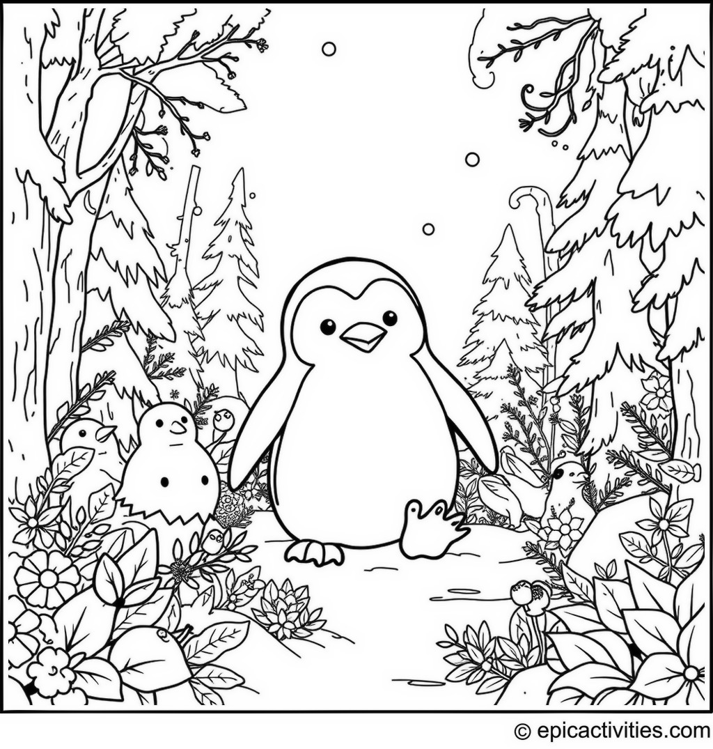 Coloring page of a cute penguin in a snowy forest with woodland creatures and flora