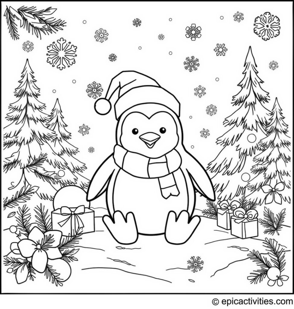 Coloring page of a Cute Penguin in a Winter Wonderland