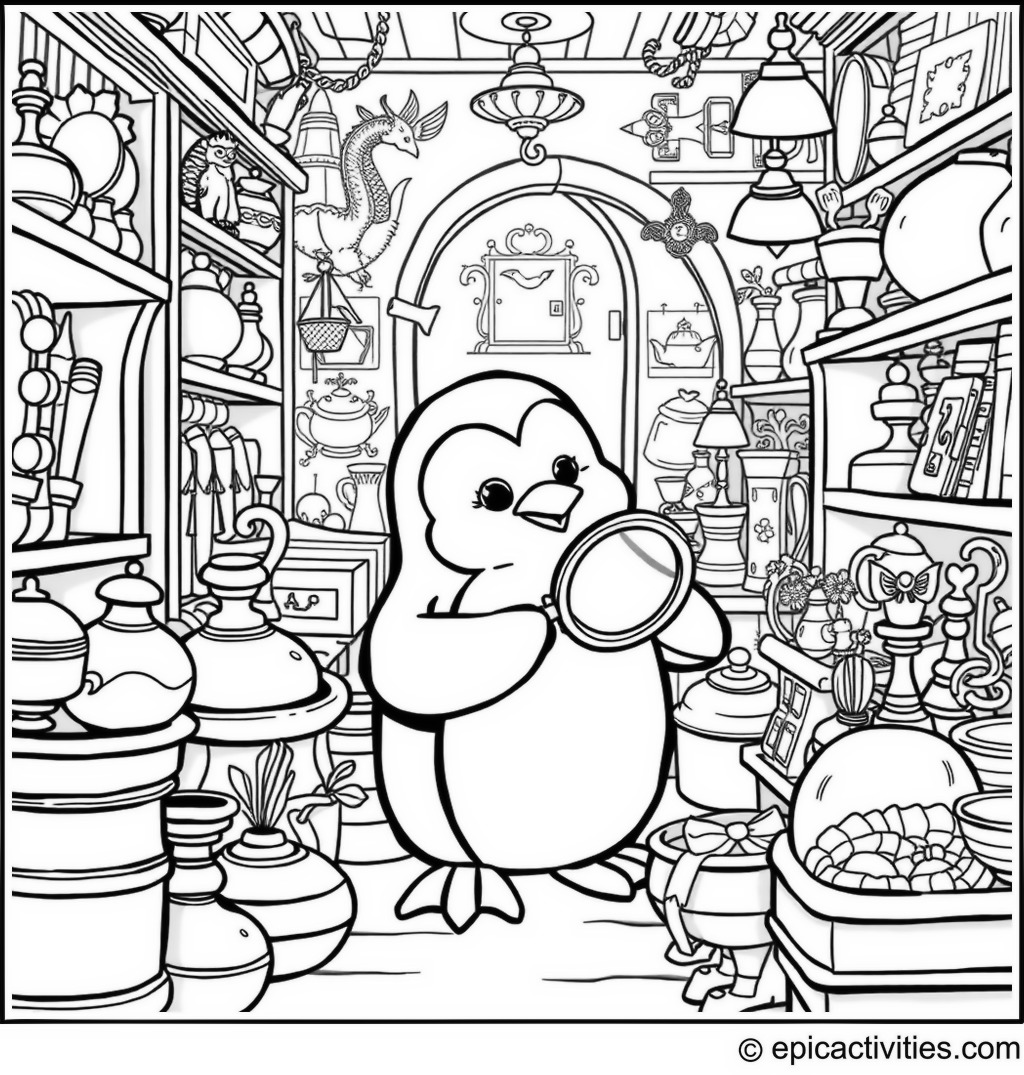 Coloring page of a Cute Penguin in an Antique Shop