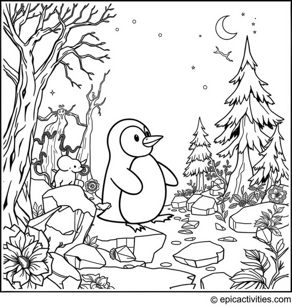Coloring page of a Cute Penguin in an Enchanted Ice Forest