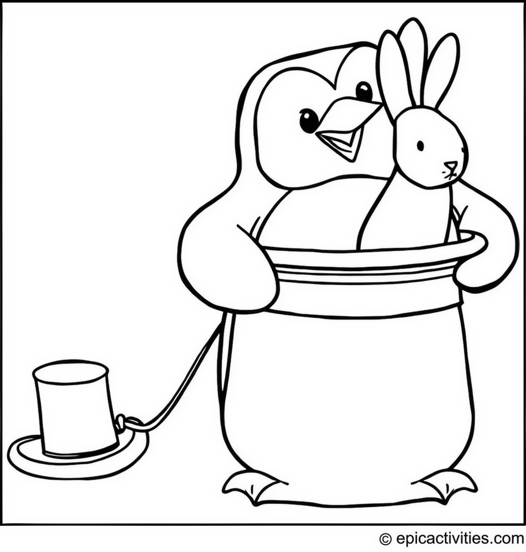 Coloring page of a Cute Penguin Magician with a Rabbit