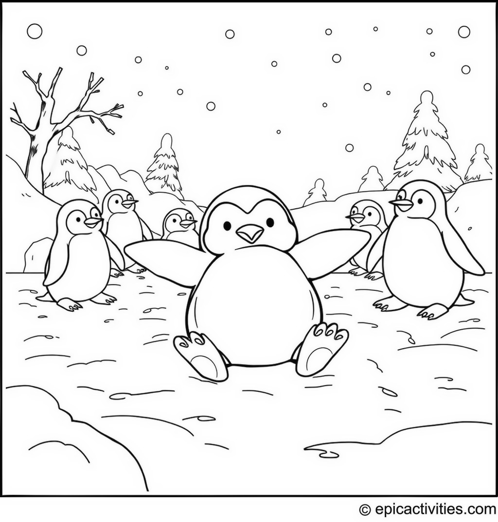 Coloring page of a cute penguin making snow angels in a snowy playground