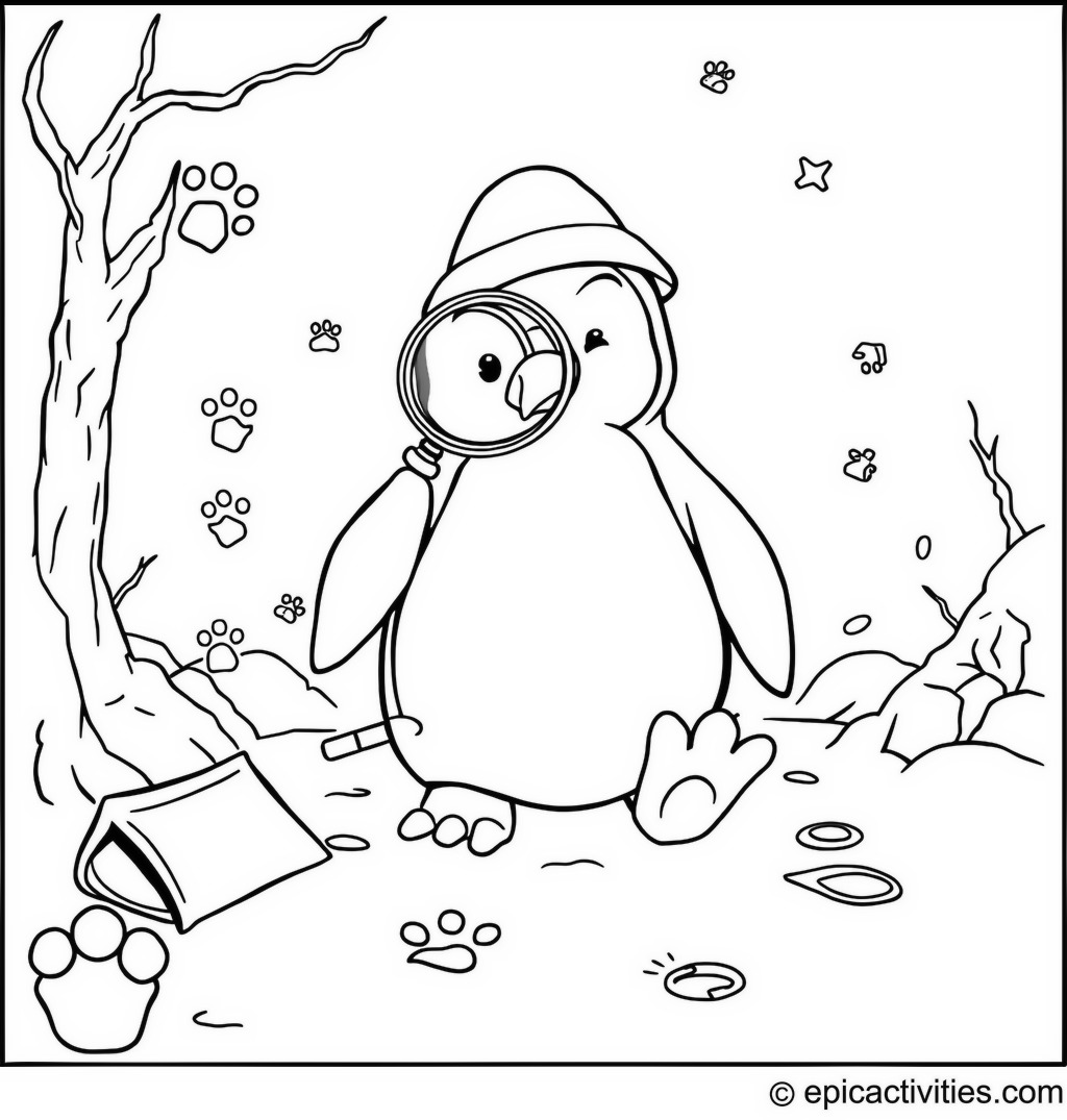 Coloring page of a cute penguin playing detective