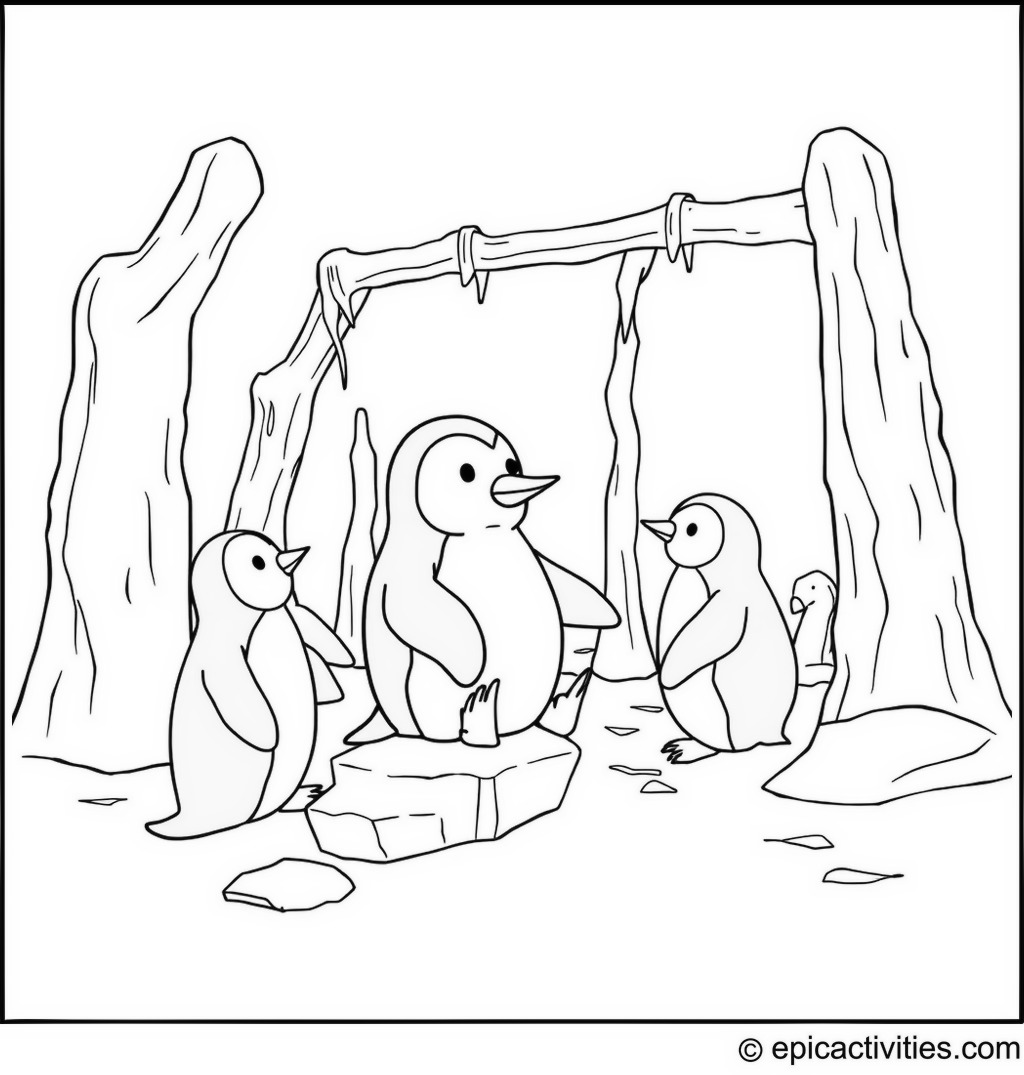 Coloring page of a Cute Penguin Playing in an Ice Jungle Gym with Friends