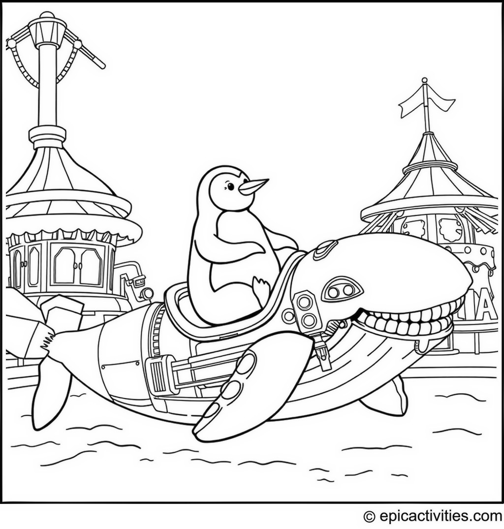 Coloring page of a Cute Penguin Riding a Mechanical Whale in an Arctic Amusement Park