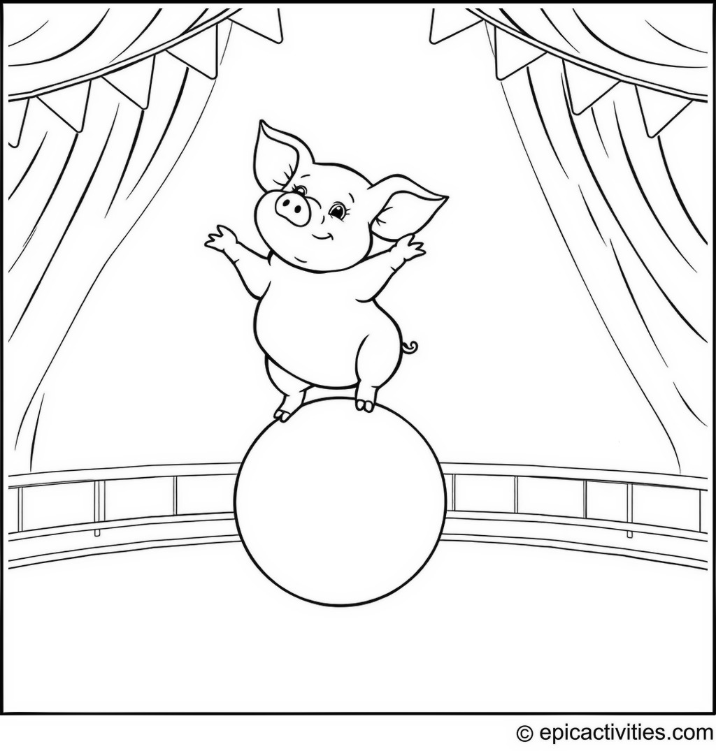 Coloring page of a Cute Pig Balancing on a Big Ball in a Circus Act
