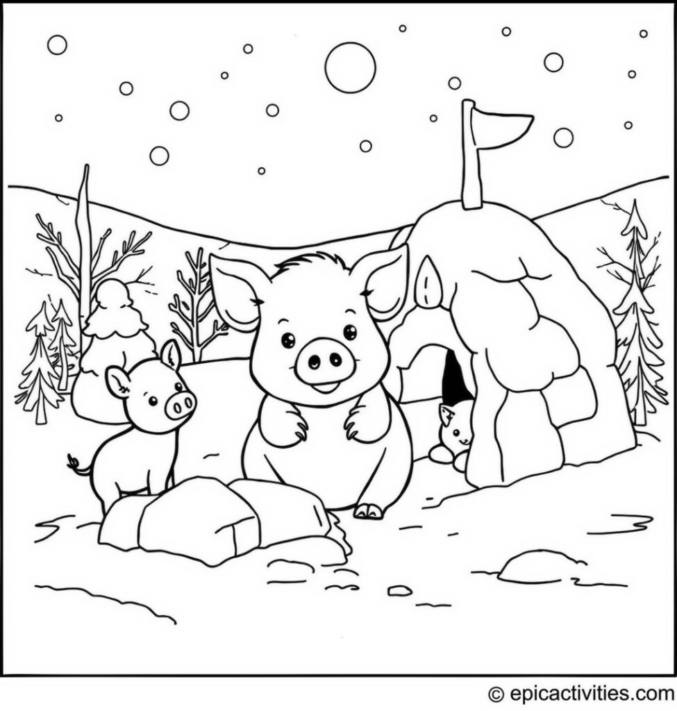 Coloring page of a cute pig building a detailed snow fort with other animals in a snowy landscape