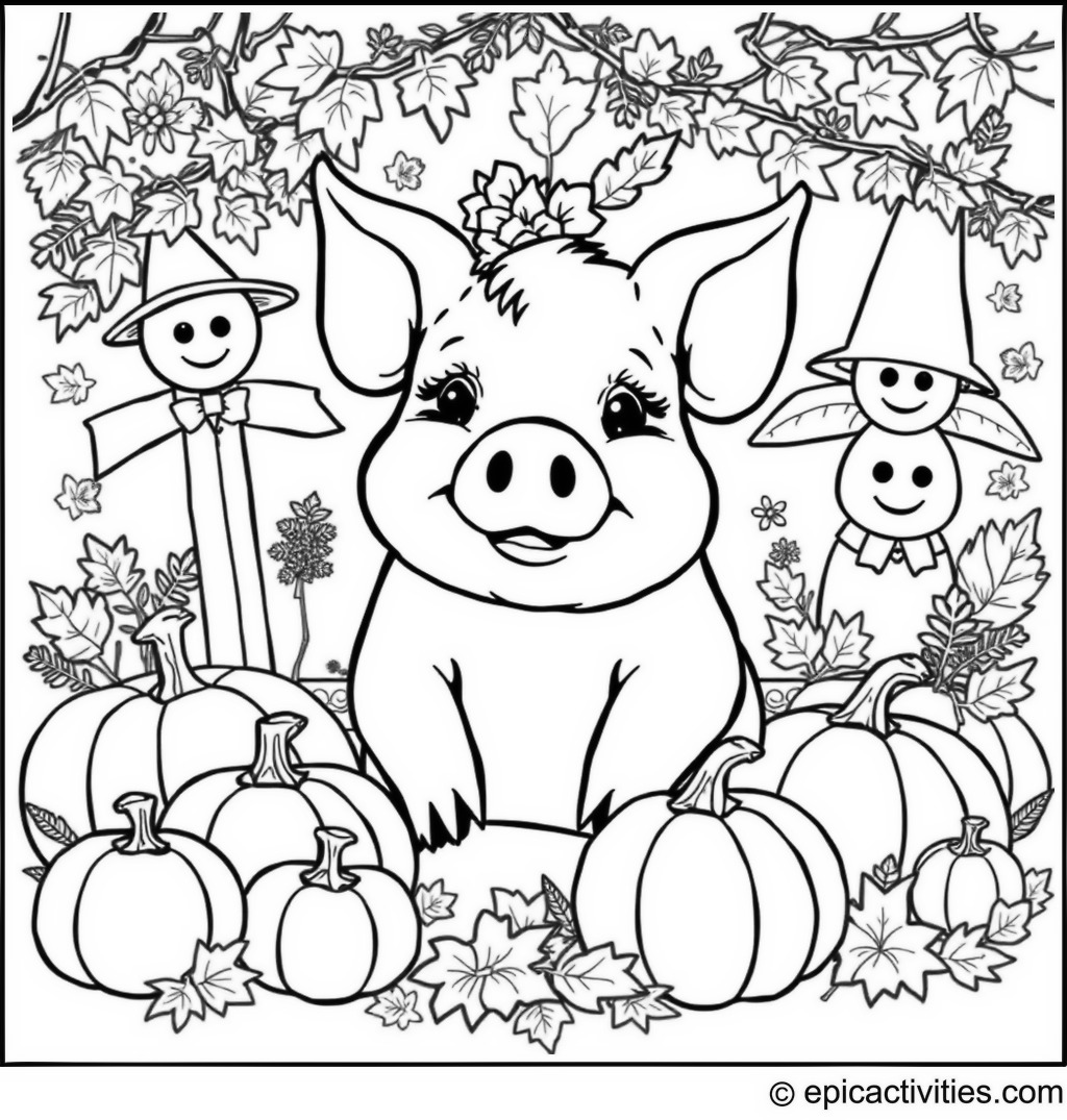 Coloring page of a Cute Pig Celebrating Autumn Harvest with Pumpkins and Scarecrows