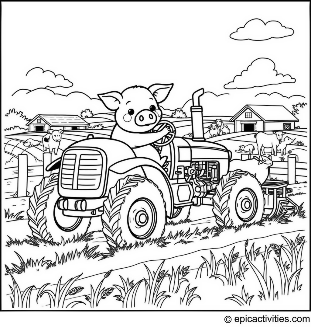 Coloring page of a cute pig driving a detailed tractor on a farm