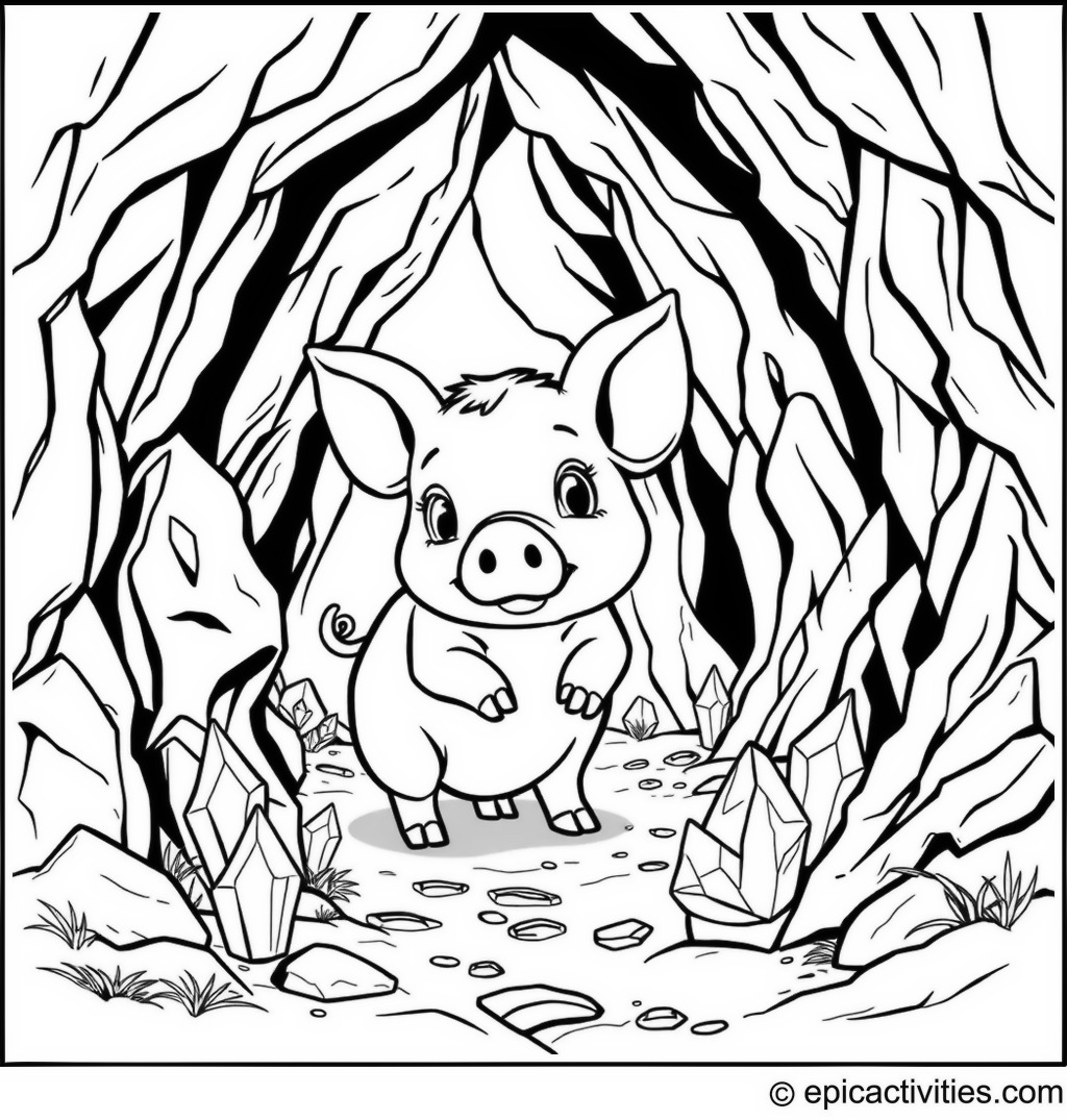 Coloring page of a Cute Pig Exploring an Enchanted Cave with Glowing Crystals