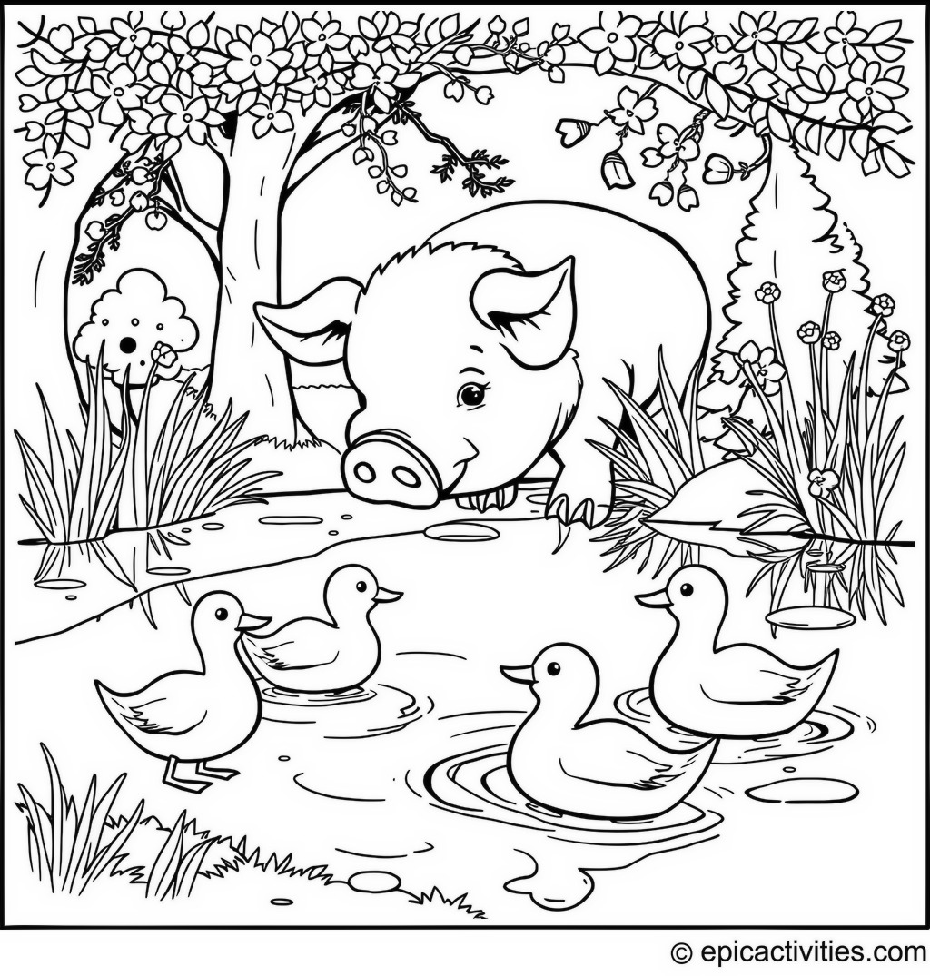 Coloring Page of a Cute Pig Feeding Ducks at a Peaceful Pond