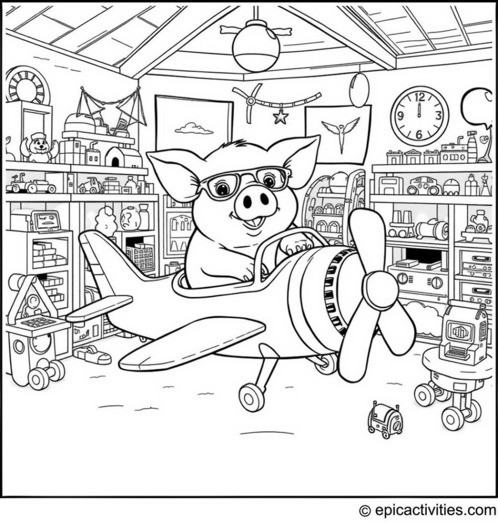 Coloring page of a cute pig flying a detailed toy airplane in a large playroom full of toys