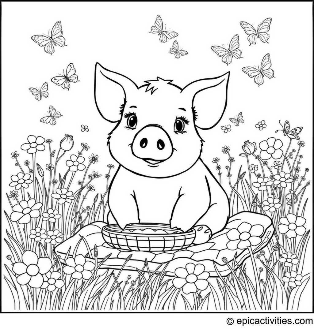 Coloring page of a Cute Pig having a Picnic in a Meadow with Butterflies and Flowers
