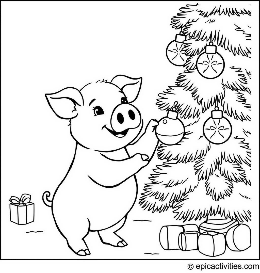 Coloring page of a cute pig helping to decorate a Christmas tree with sparkly ornaments