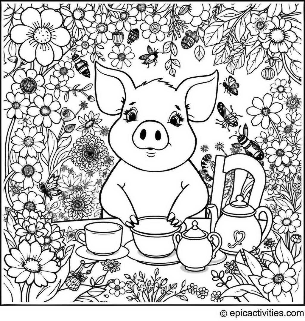 Coloring page of a Cute Pig Hosting a Tea Party in a Garden